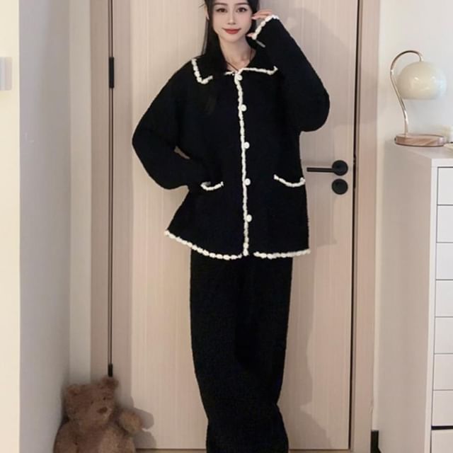GOUB-Pajama Set Collared Contrast Trim Button-Up Jacket Pants