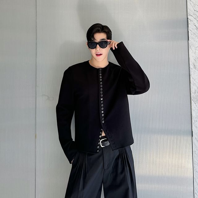 Patow-Long-Sleeve Crewneck Button-Up Plain Crop Top