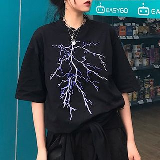 LINSI-Lightning Print Short-Sleeve T-Shirt-One Size