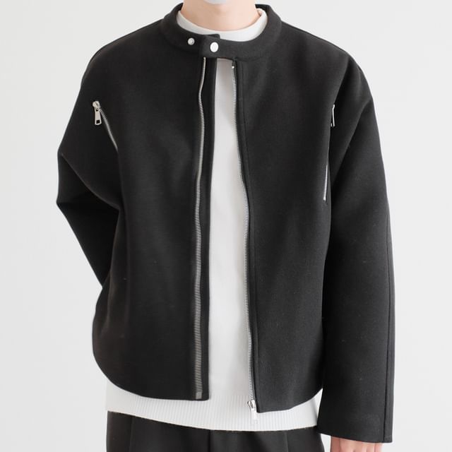 DAZO Studios-Stand Collar Plain Zip Jacket