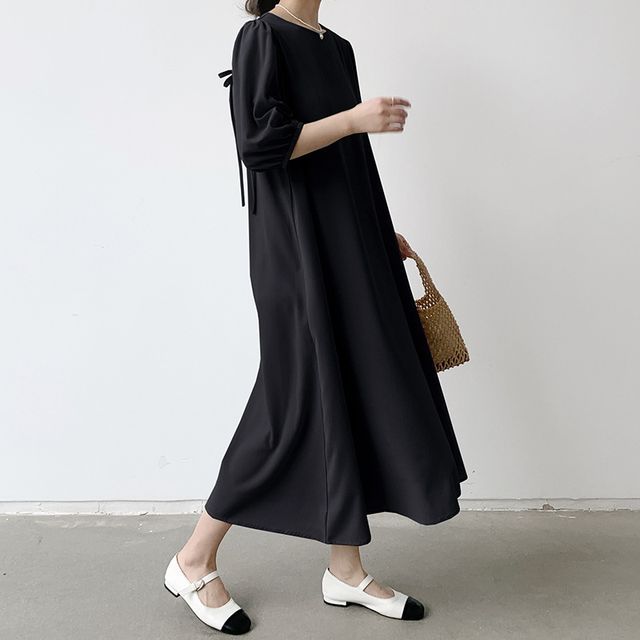 INEN - 3/4-Sleeve Round Neck Plain Tie Back Midi A-Line Dress | YesStyle INEN - 3/4-Sleeve Round Neck Plain Tie Back Midi A-Line Dress | YesStyle