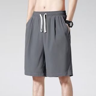 farrahces-Drawstring Waist Plain Wide Leg Shorts