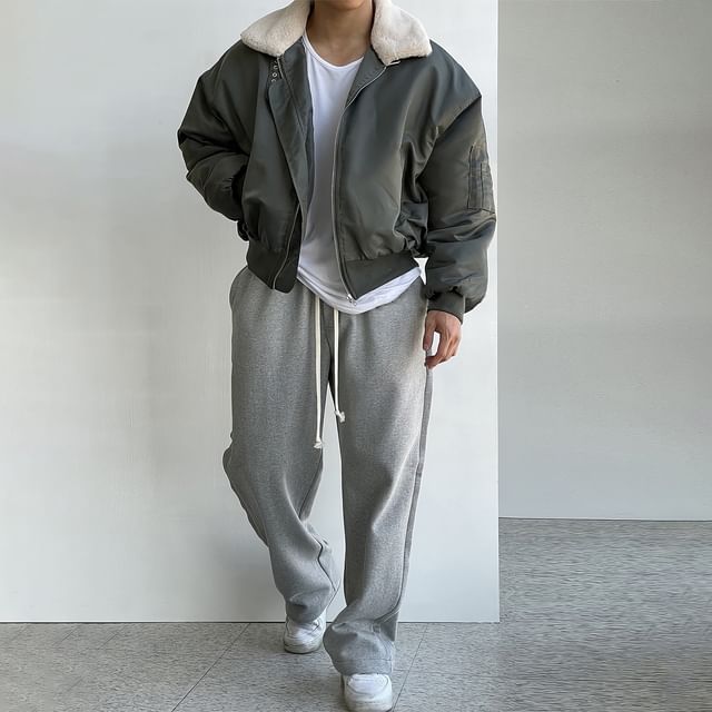 Okwano-Plain Fluffy Trim Zip Bomber Jacket