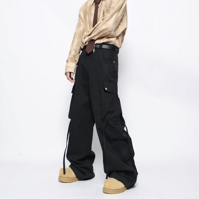 Derbundy-Mid Rise Plain Wide Leg Cargo Pants