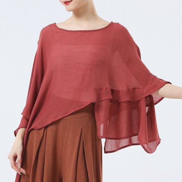 femmal-34-Sleeve Round Neck Plain Asymmetrical Tee