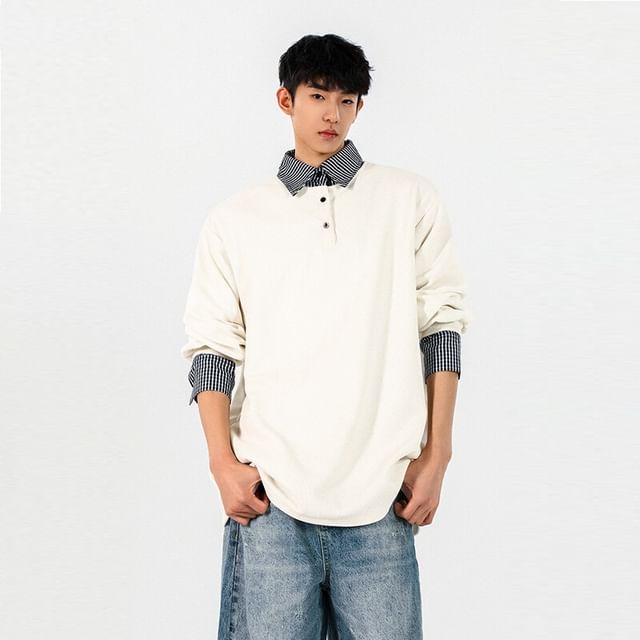 Koiyua-Mock Two-Piece Collared Plaid Panel Sweatshirt