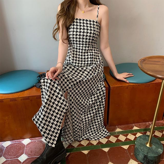 Everose-Spaghetti Strap Houndstooth Midi A-Line Dress