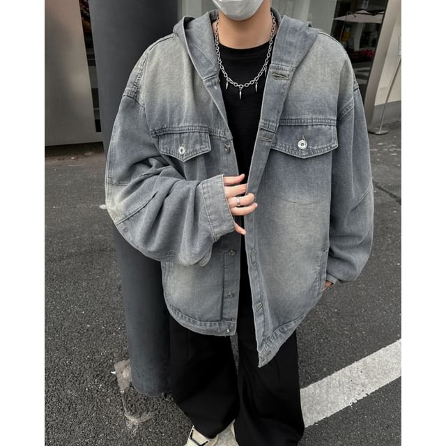 Plummie-Hooded Drop Shoulder Washed Denim Oversized Button Jacket