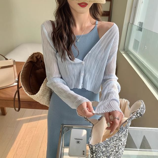 Melon Juice-V-Neck Button-Up Plain Sheer Crop Cardigan