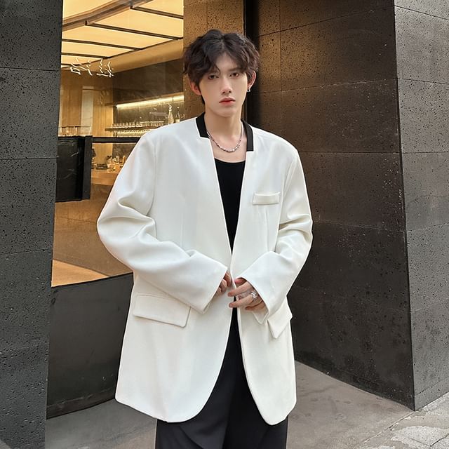 Freehop-V-Neck Two Tone Single Breasted Blazer