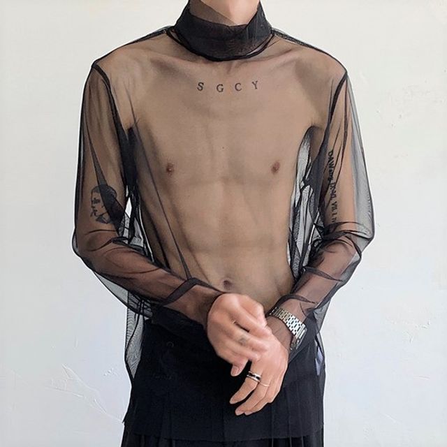 FORSETI-Long-Sleeve Turtleneck Plain Mesh Top