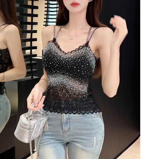 Whoosh-Plain Lace Trim Rhinestone Strappy Cami Top