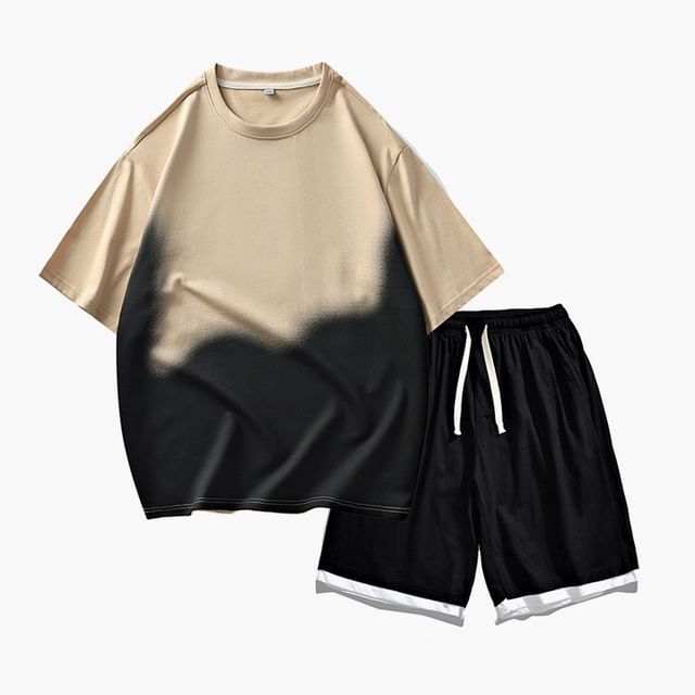 Lefitt-Set Elbow-Sleeve Round Neck Gradient T-Shirt Drawstring Waist Contrast Trim Shorts