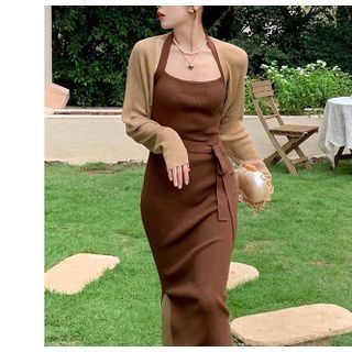 Catamin - Cropped Cardigan / Halter-Neck Knit Midi Sheath Dress | YesStyle