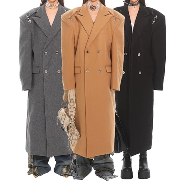 SPUCIKLEI-Peak Lapel Plain Buckled Midi Double Breasted Coat