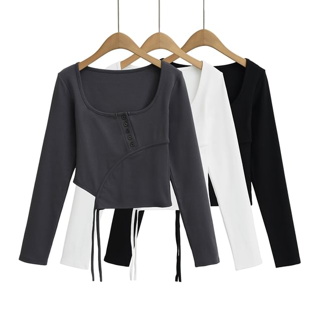 Ulark-Long Sleeve Scoop Neck Plain Asymmetrical Tie-Up Button Tee