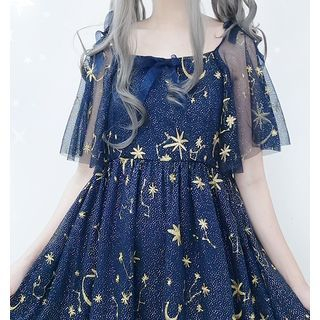 Tomoyo - Short-Sleeve Star Embroidery A-Line Dress | YesStyle