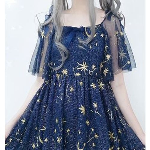 Tomoyo - Short-Sleeve Star Embroidery A-Line Dress | YesStyle