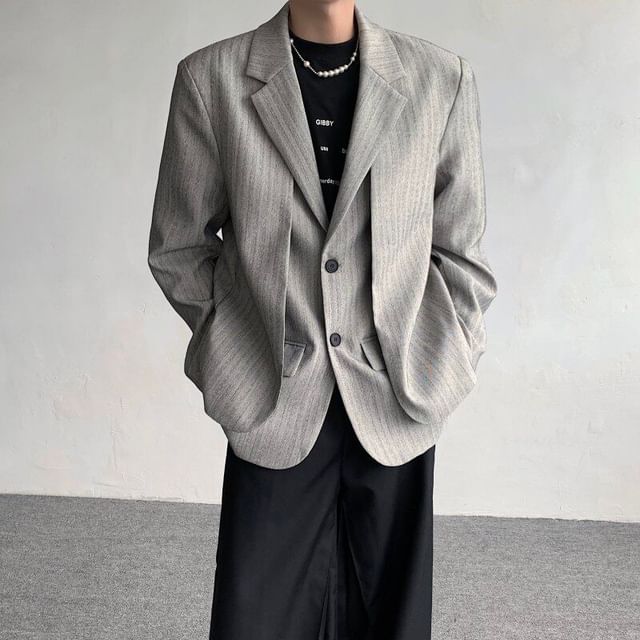 ravewider-Notch Lapel Mock Two-Piece Striped Single-Breasted Blazer