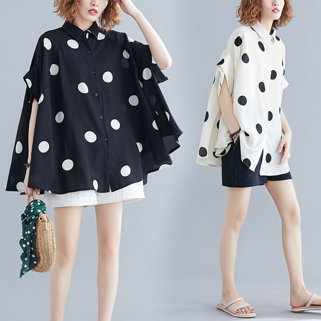 Lewwe-Short-Sleeve Dotted Oversized Shirt