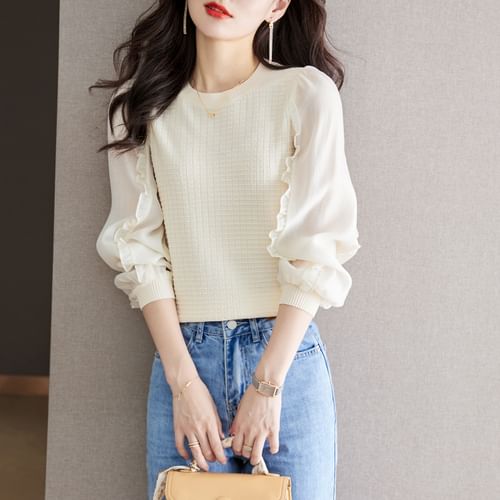 Long-Sleeve Round Neck Plain Waffle Frill Panel Knit Top