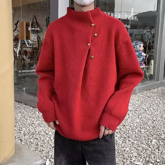 Cowpow-Mock Neck Plain Button Sweater
