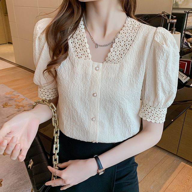 Daybreak-Short-Sleeve Lace Trim Blouse