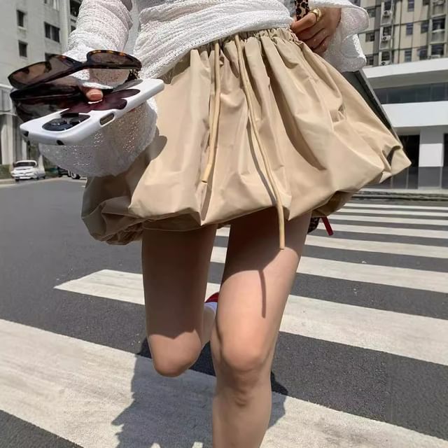 Jerolenea-Drawstring Waist Plain Bubble Hem Mini A-Line Skirt