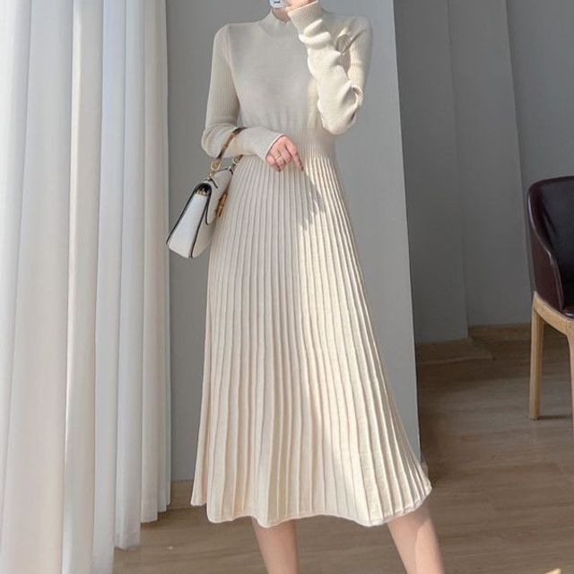 Aurora - Long-Sleeve Mock Neck Plain Knit Midi A-Line Dress | YesStyle Aurora - Long-Sleeve Mock Neck Plain Knit Midi A-Line Dress | YesStyle