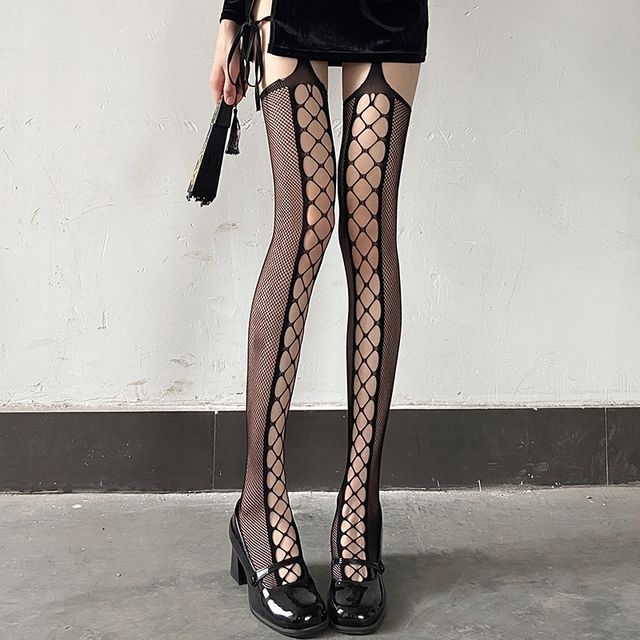 Lychee - Plain Cutout Fishnet Stockings with Garter Belt | YesStyle