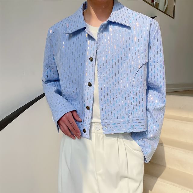 Patow-Lapel Collar Glitter Crop Button Jacket