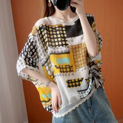 Love Lotus - Batwing-Sleeve Dotted Panel Blouse