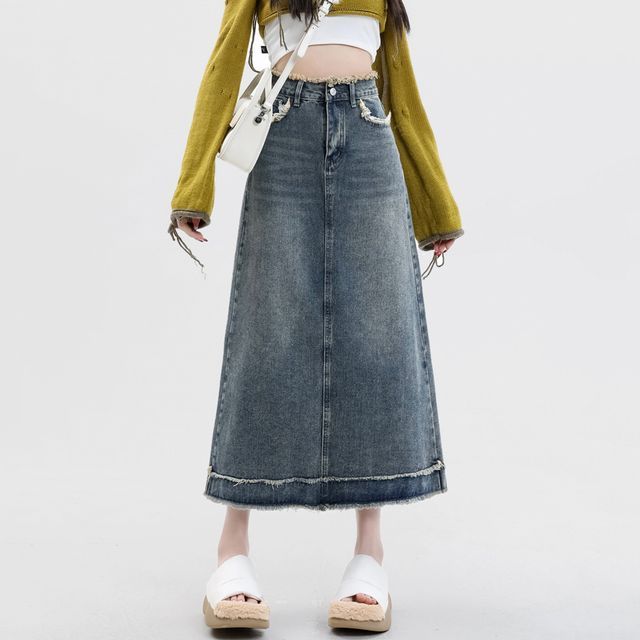 High Waist Slit Washed Denim Maxi Fishtail Skirt