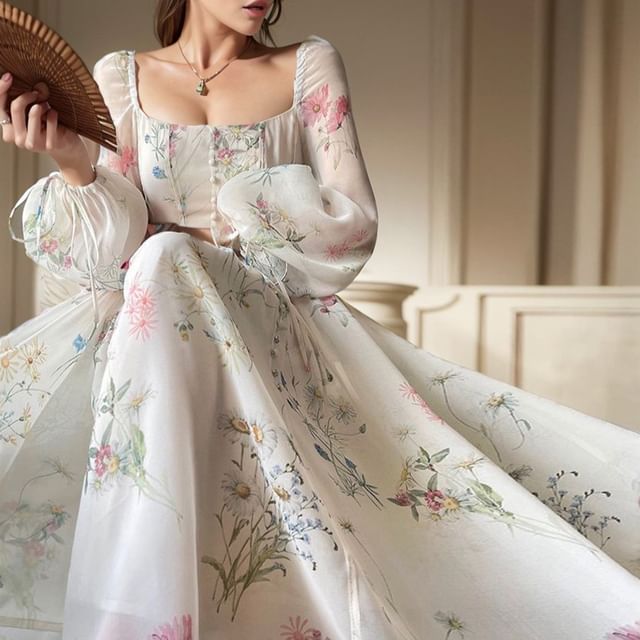 knee length dresses for ladies Multi Floral Print Square Neck A-line Midi Dress – AX Paris