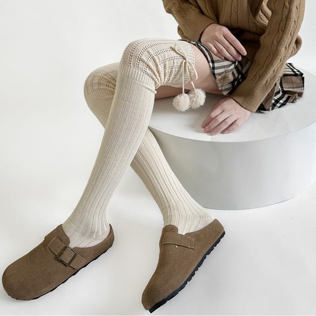 Gentiana-Pom Pom Plain Over-The-Knee Socks