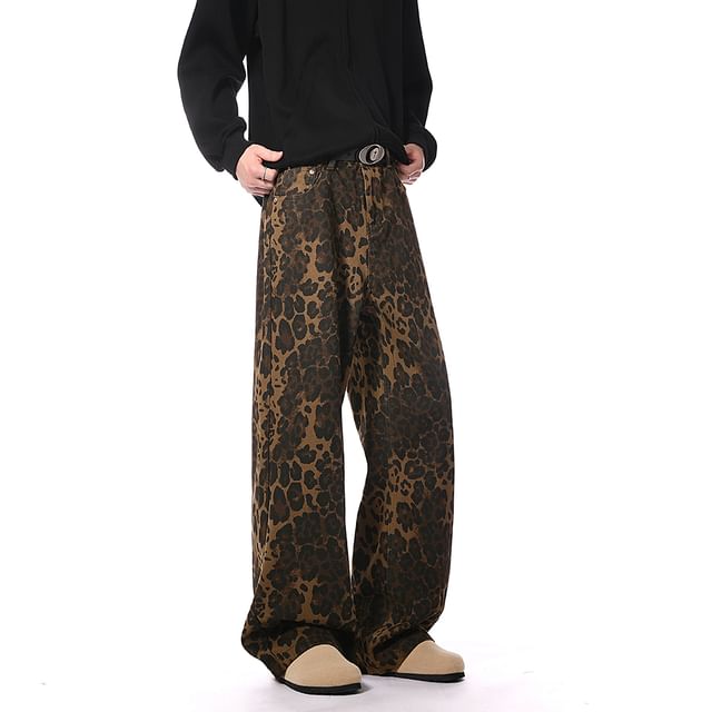 Naideth-Mid Rise Leopard Print Wide Leg Jeans