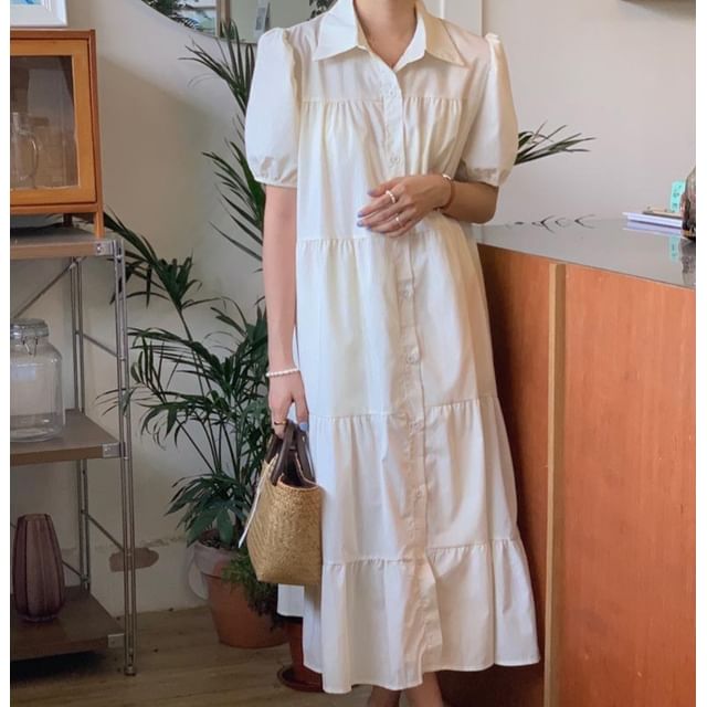 Maisee-Puff-Sleeve Collared Plain Button-Up Midi Tunic Dress