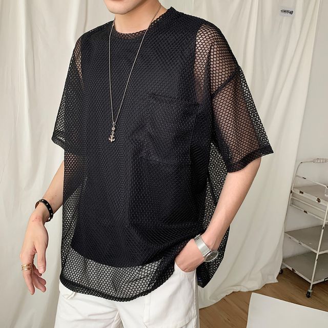 Drawouf-Short-Sleeve Crew Neck Mesh Top