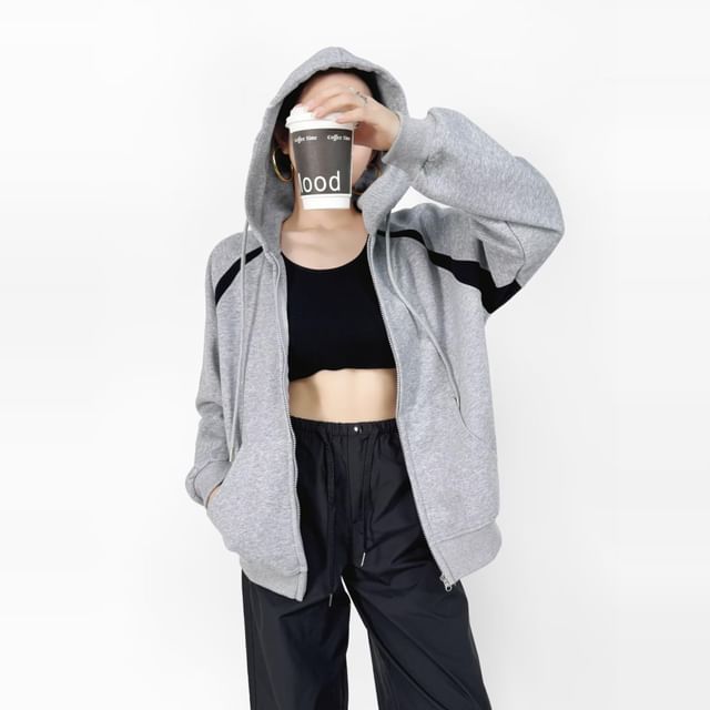 Amyway-Drawstring Contrast Trim Zip Up Hoodie