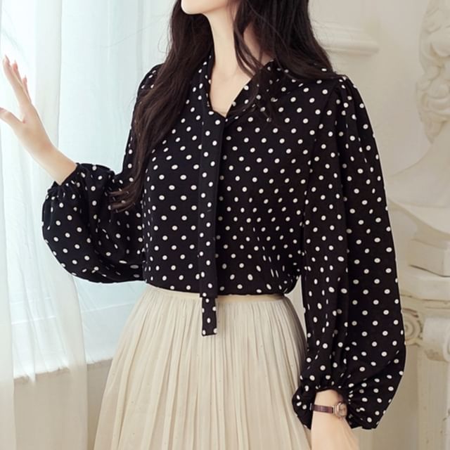 Dragan Pulse-Long Sleeve Polka Dot Tie Neck Blouse