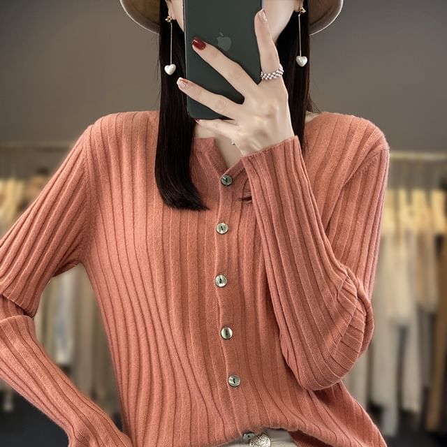 Weelop-V-Neck Plain Ribbed Knitted Crop Cardigan