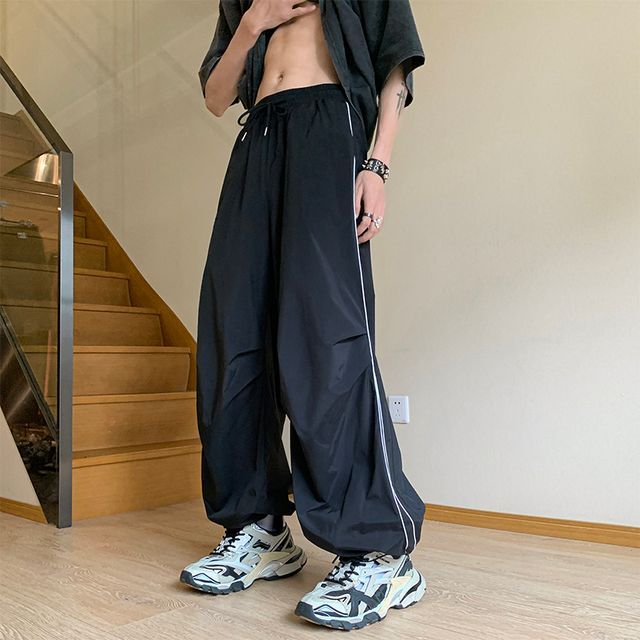 Posive-Drawstring-Waist Striped Wide-Leg Sweatpants
