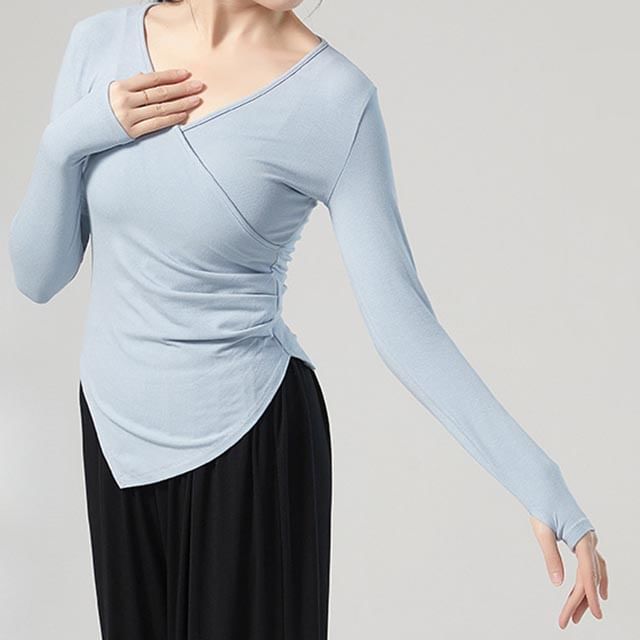 Cossita-Long-Sleeve V-Neck Plain Asymmetrical Dance Top