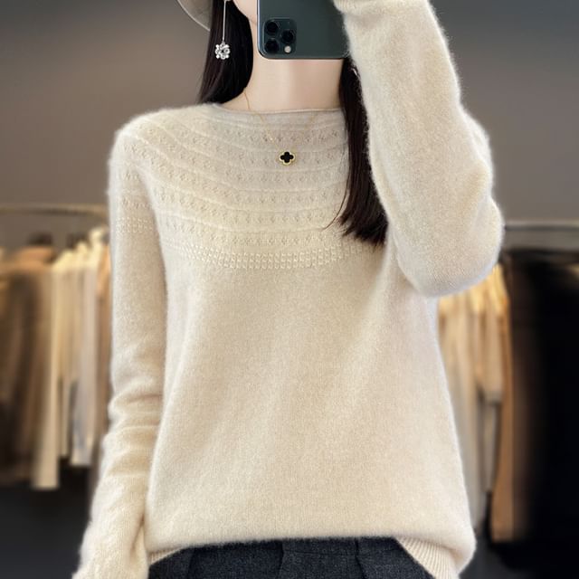 Weelop-Round Neck Plain Jacquard Knit Sweater