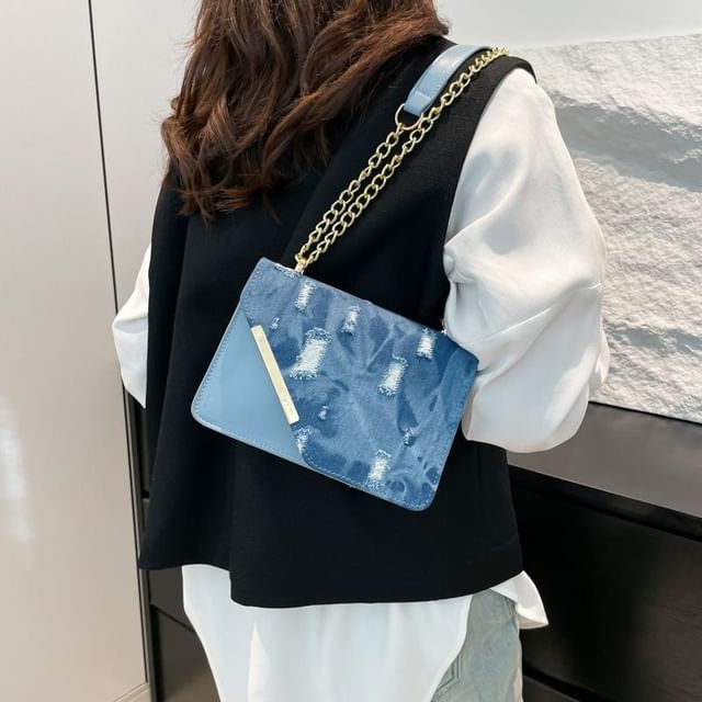 Indenis-Distressed Denim Flap Crossbody Bag
