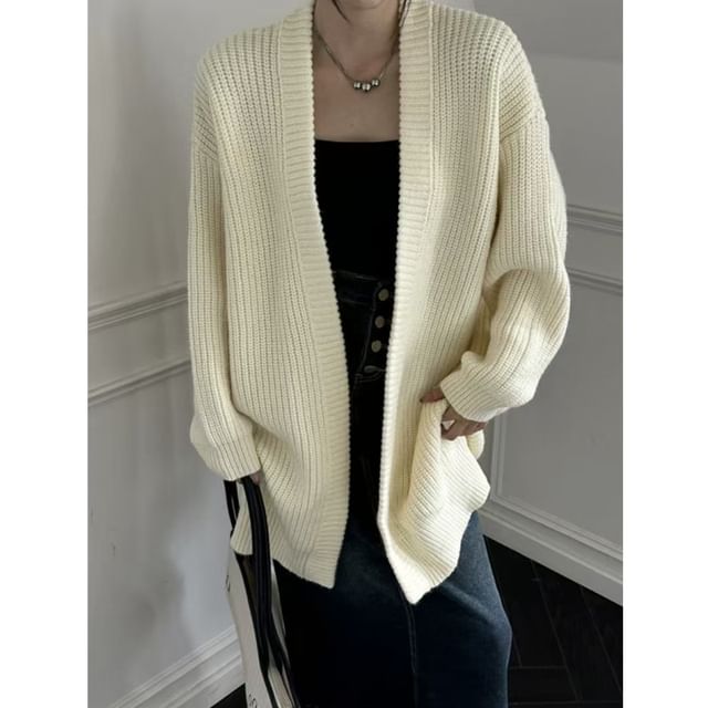 HYAKU-Plain Ribbed Open Front Cardigan
