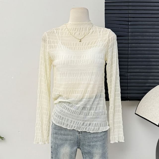Lemongrass-Mock-Neck Sheer Lace Top