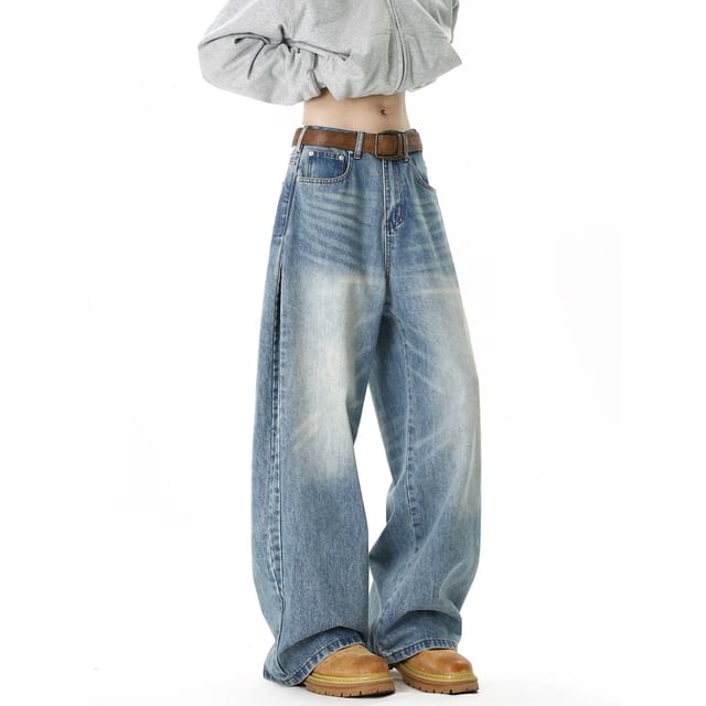 Derbundy-High Waist Washed Wide Leg Jeans