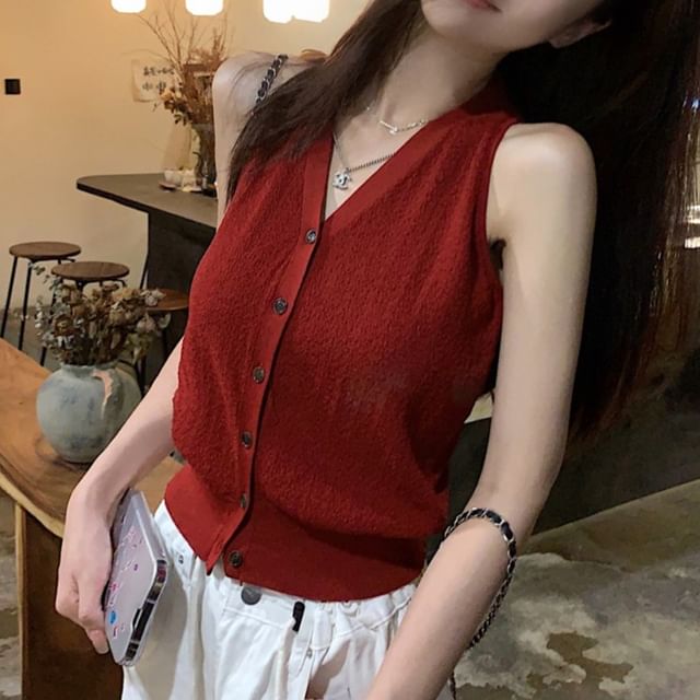 Trendycas-V-Neck Plain Button Knit Tank Top