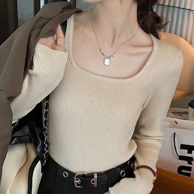 innomori-Long-Sleeve Square Neck Plain Knit Top